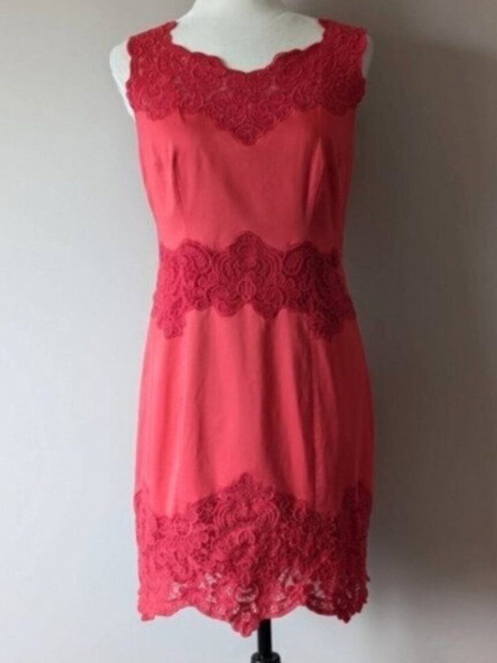 Karen Millen coral red lace trim sleeveless bodycon pencil dress